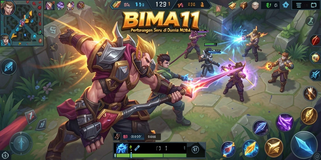 Screenshot gameplay BIMA11 yang penuh aksi dalam pertempuran MOBA.