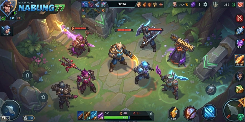 Screenshot gameplay NABUNG77 menampilkan aksi seru di arena MOBA.