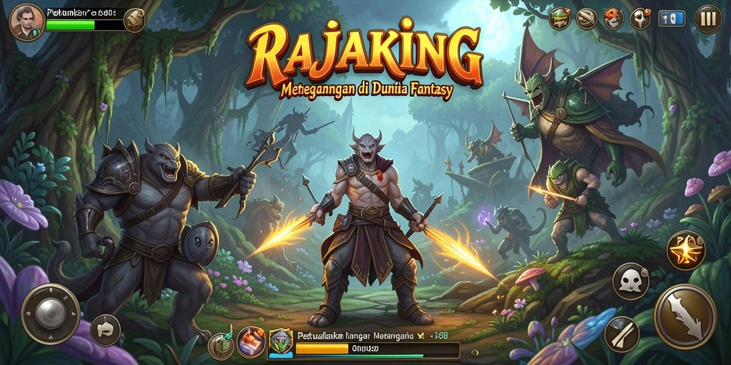Gameplay mendebarkan di dunia fantasi RAJAKING dengan pertarungan yang seru.