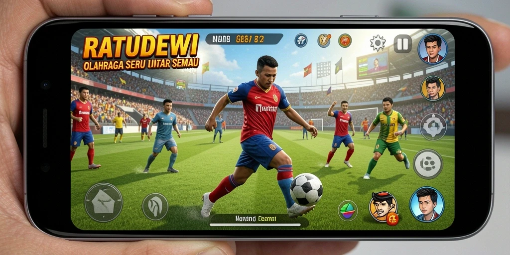 Screenshot utama menunjukkan aksi permainan olahraga yang intens.