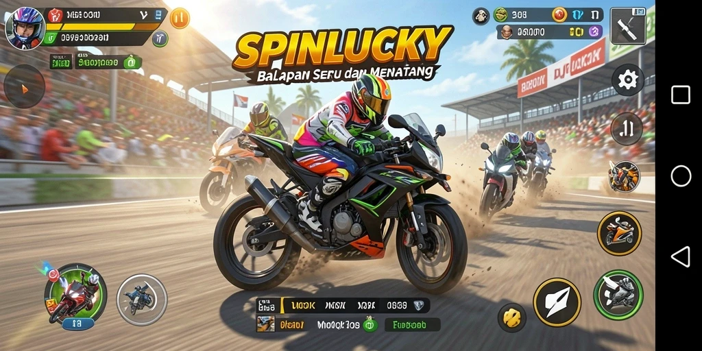 Tampilan gameplay SPINLUCKY yang menegangkan saat balapan motor.