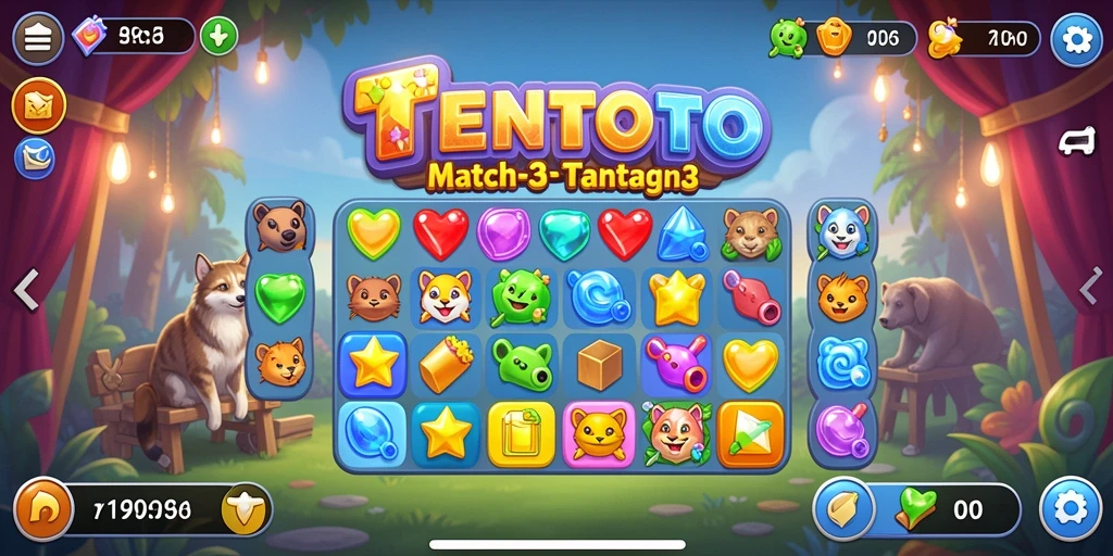 Screenshot permainan TENTOTO menampilkan gameplay seru Match-3.