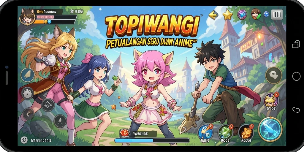 Screenshot gameplay TOPIWANGI menampilkan aksi seru dan karakter anime yang menarik.